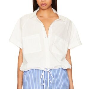 Revolve LNA Alpine Drawstring Button Up Shirt Ivory Short Cuff Sleeve-Large